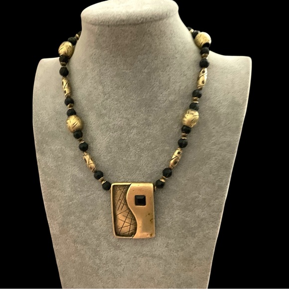 Chico's Heavy Gold Tone Brass and Black Bead Statement Necklace - Picture 2 of 8